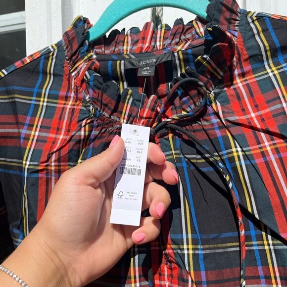 J Crew Stewart Tartan Plaid Tie Neck Scalloped Top NWT - Picture 7 of 14